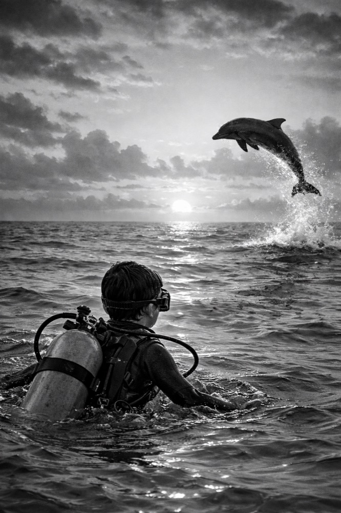 A diver watching a dolphin leap from the ocean at sunset