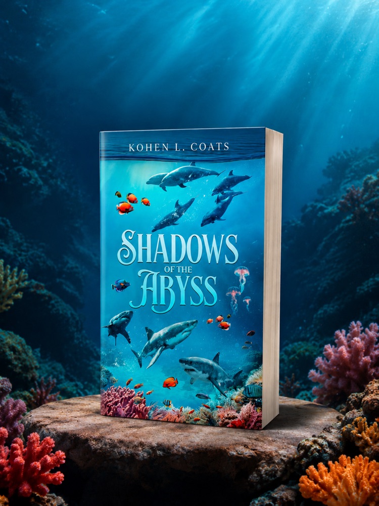 Paperback edition of Shadows of the Abyss resting on a coral reef