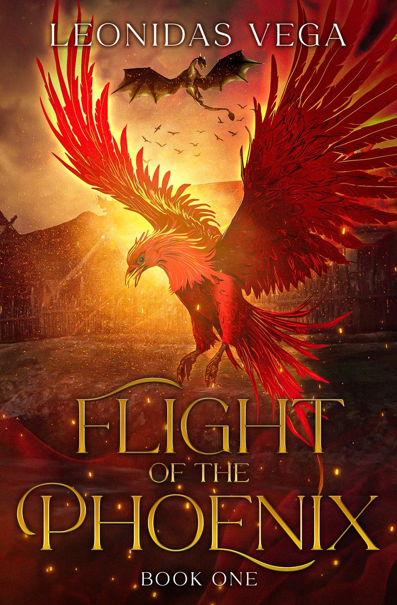 Cover of Flight of the Phoenix, showing a fiery phoenix rising over a burning village